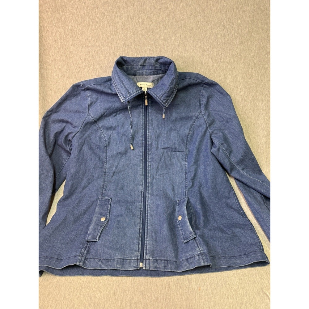 Studio Works Women's Large Denim Look Zip Front Jacket Blue Lightweight Casual